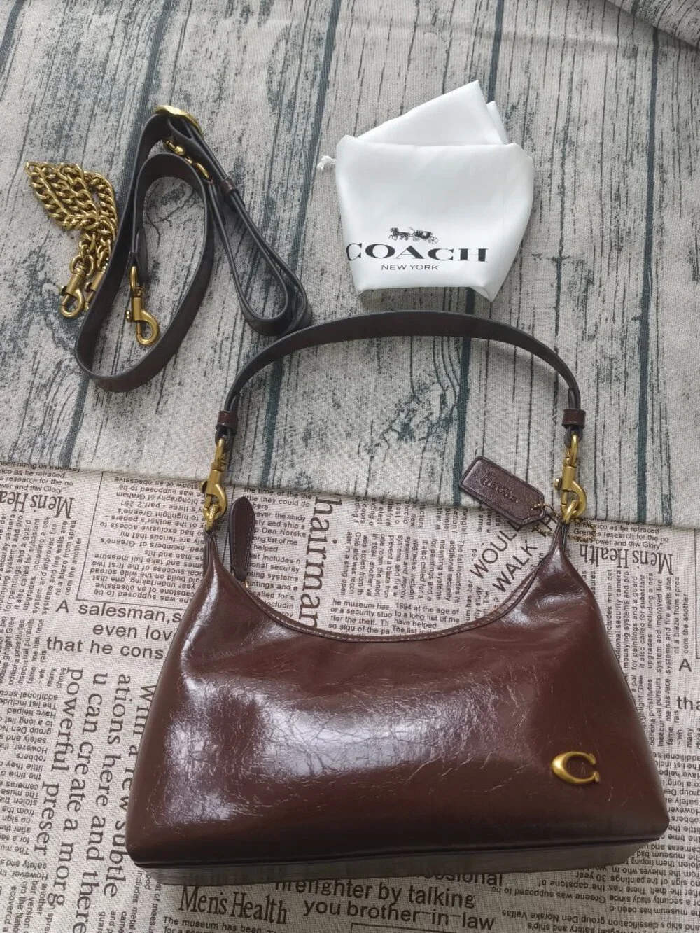 Coach chocolate brown wax leather hobo armpit bag